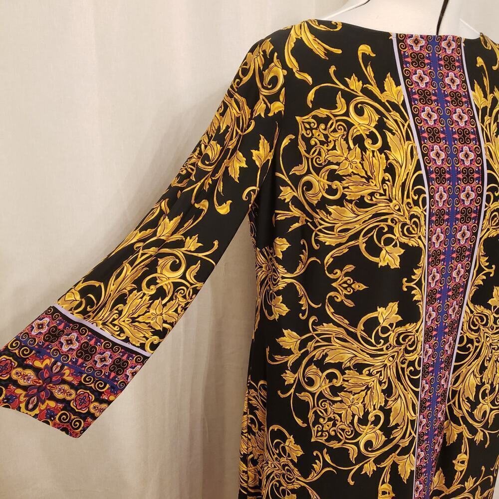 💃 London Times Mara Shift Dress – Geo Black Gold Paisley Print | Size 1X - Picture 4 of 9